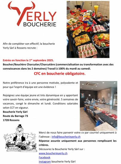 Image La Boucherie Yerly à Rossens recherche un·e boucher·ère Image La Boucherie Yerly à Rossens recherche un·e boucher·ère